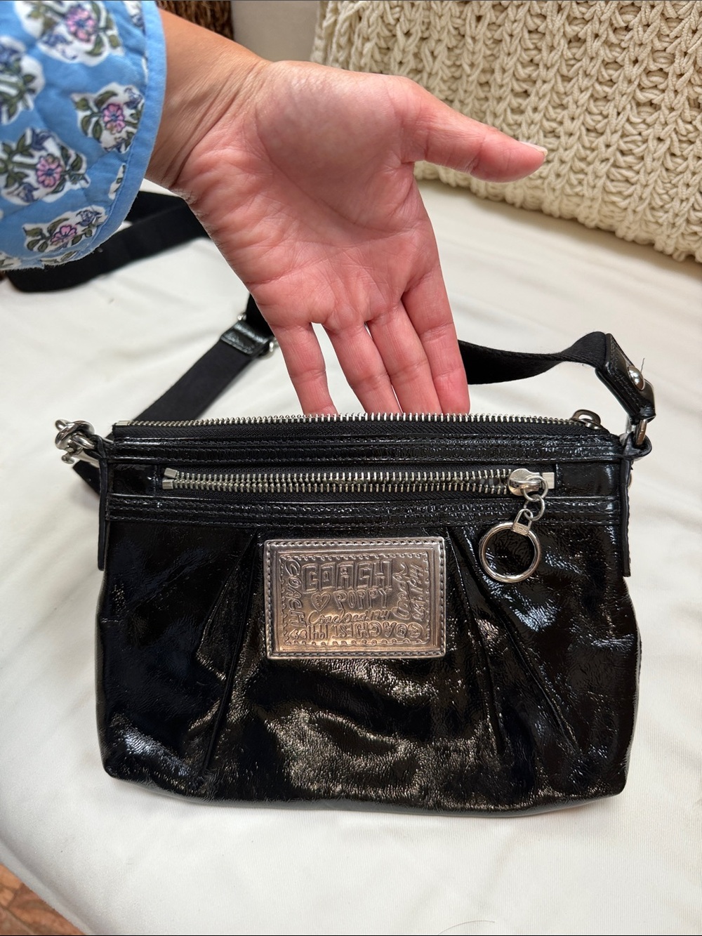 Coach Black Patent Crossbody with Silver Plaque